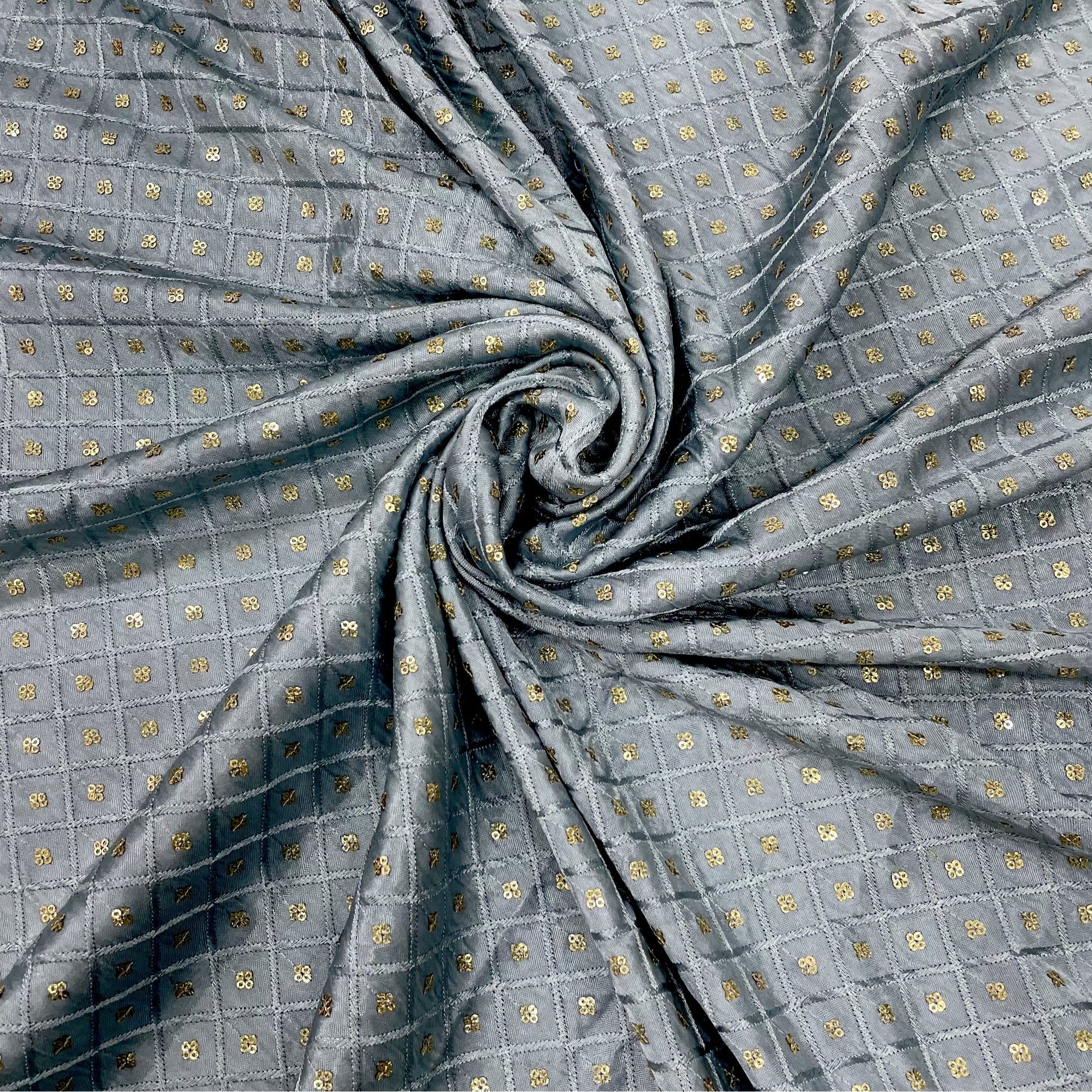 Sky Blue Geometrical Embroidery Sequence Satin Silk Fabric - TradeUNO