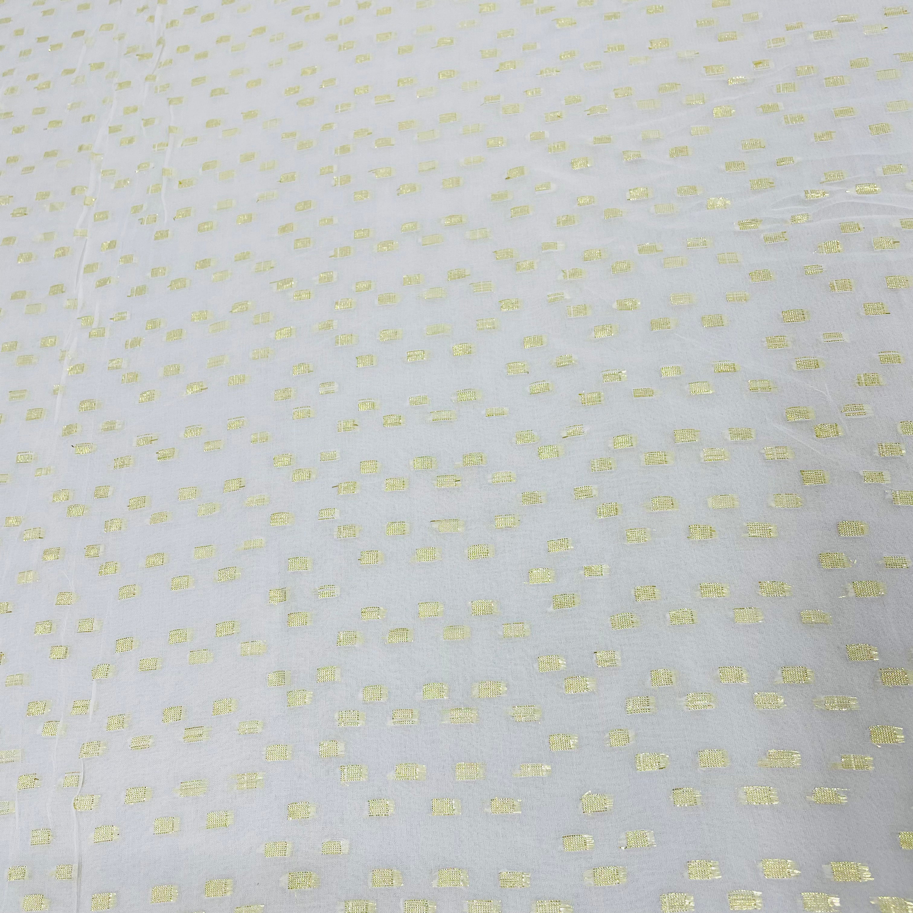 White with Golden Lurex Geometrical Georgette Jacquard Dyeable Fabric
