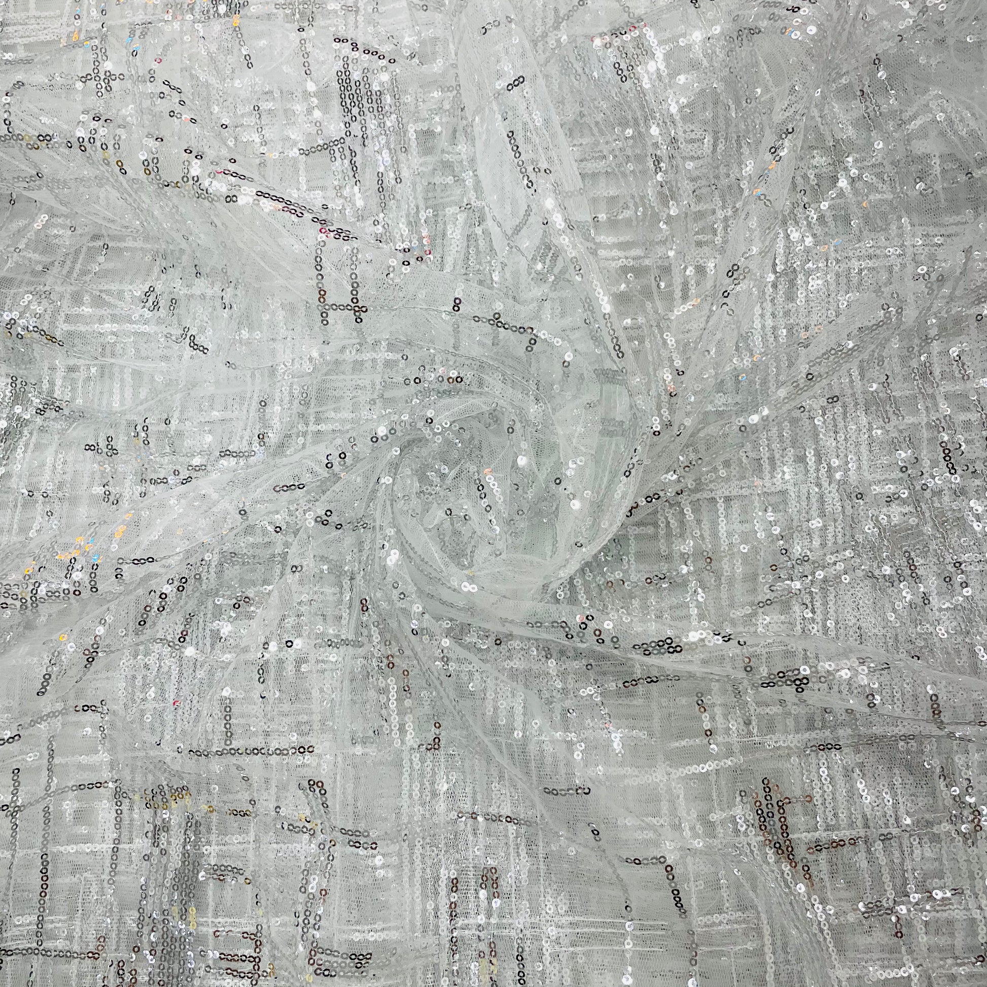 Silver Checks Sequence Embroidery Net Fabric
