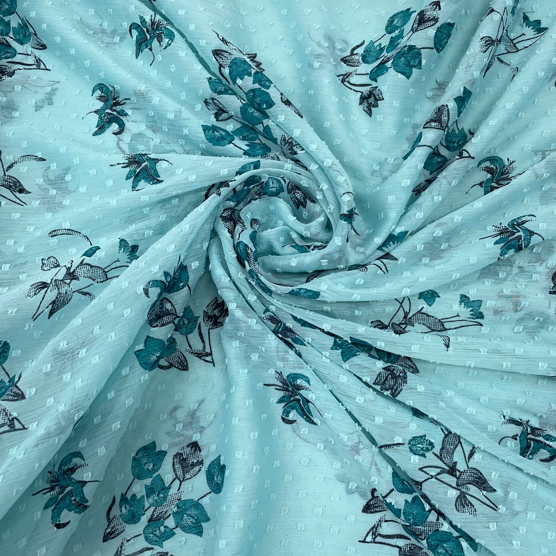Light Blue With Blue Floral Chiffon Dobby Fabric