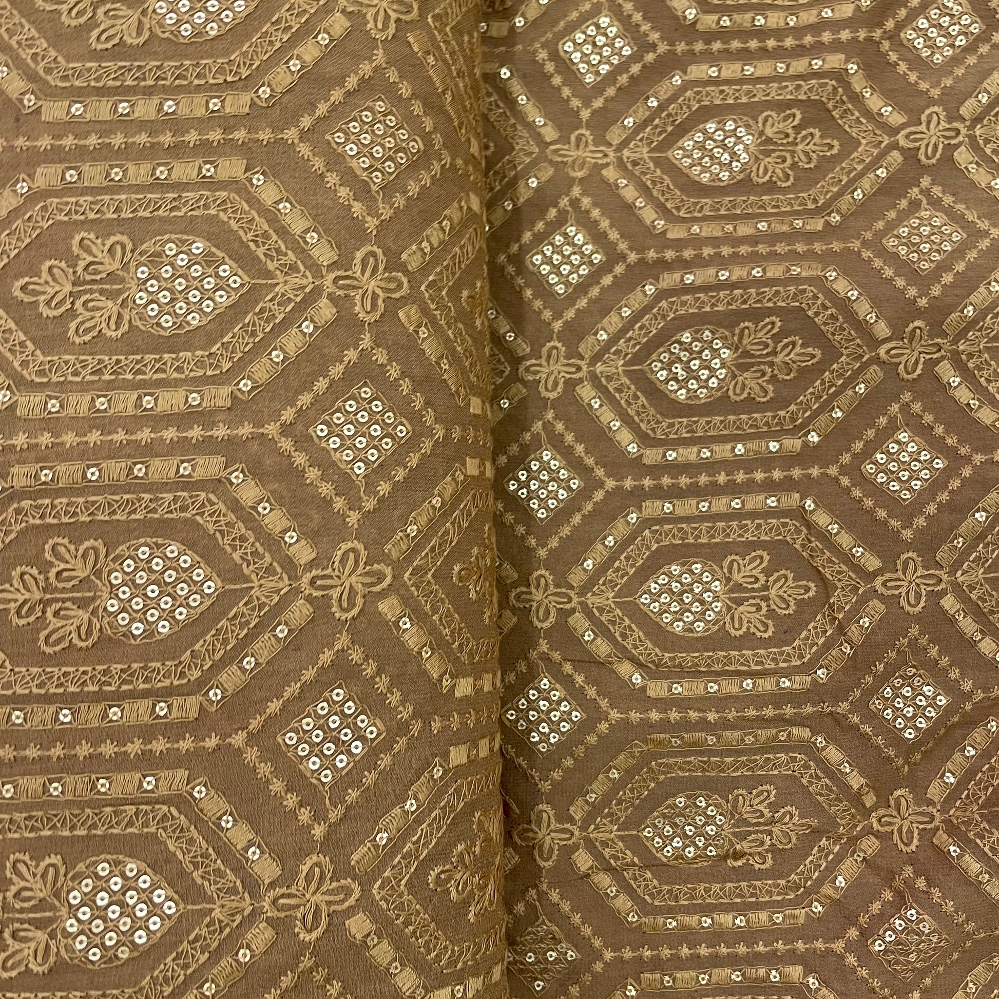 Mustard Brown Traditional Embroidery Sequence Georgette Fabric - TradeUNO