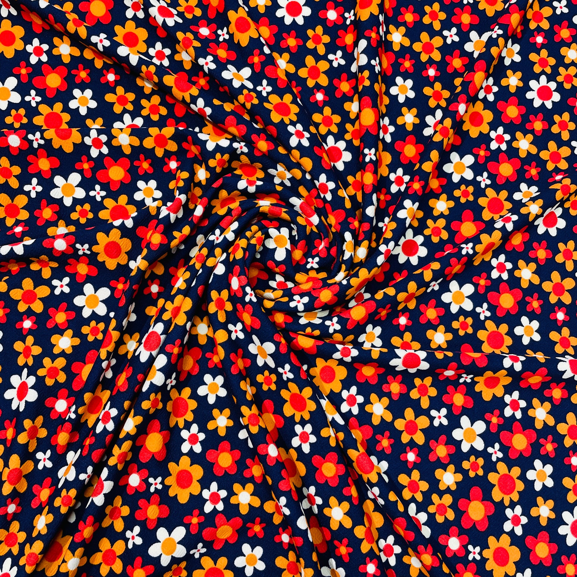 Navy Blue with Multicolor Floral Crepe Lycra Fabric - TradeUNO