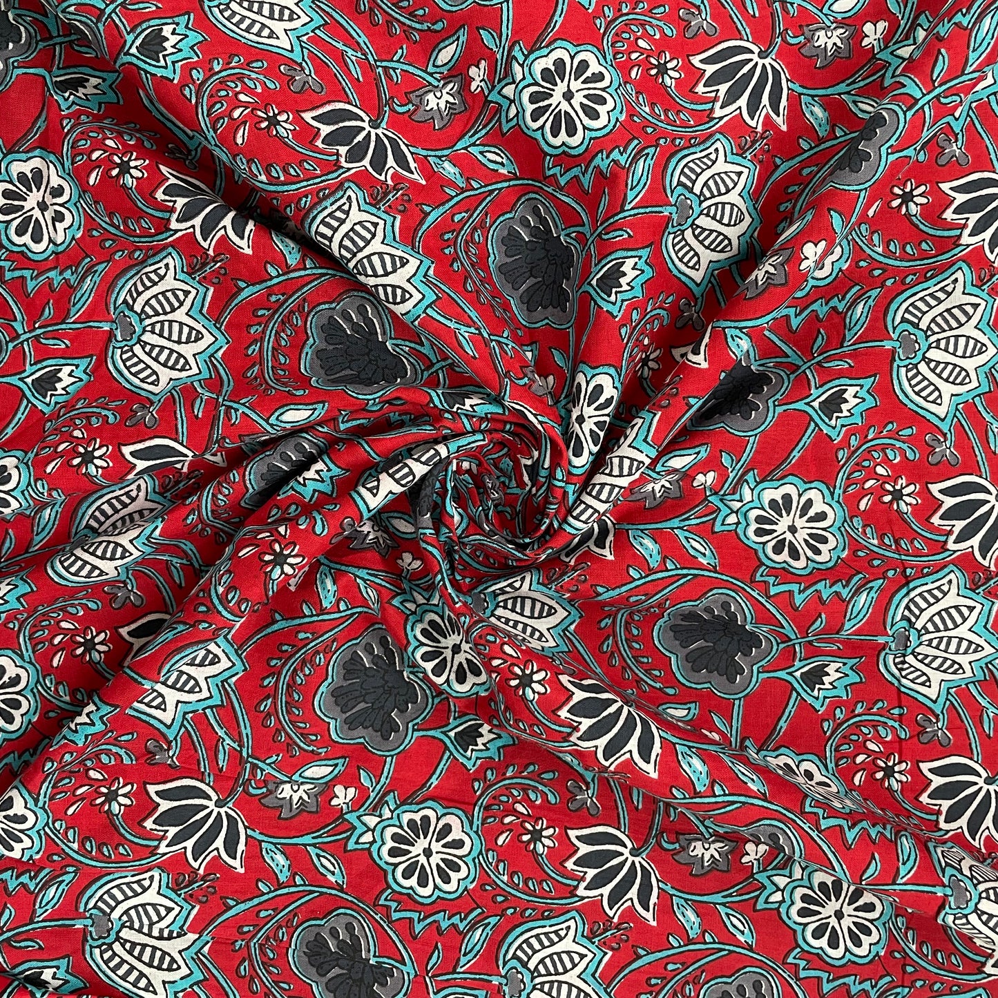 Red With Blue Floral Print Cotton Fabric - TradeUNO