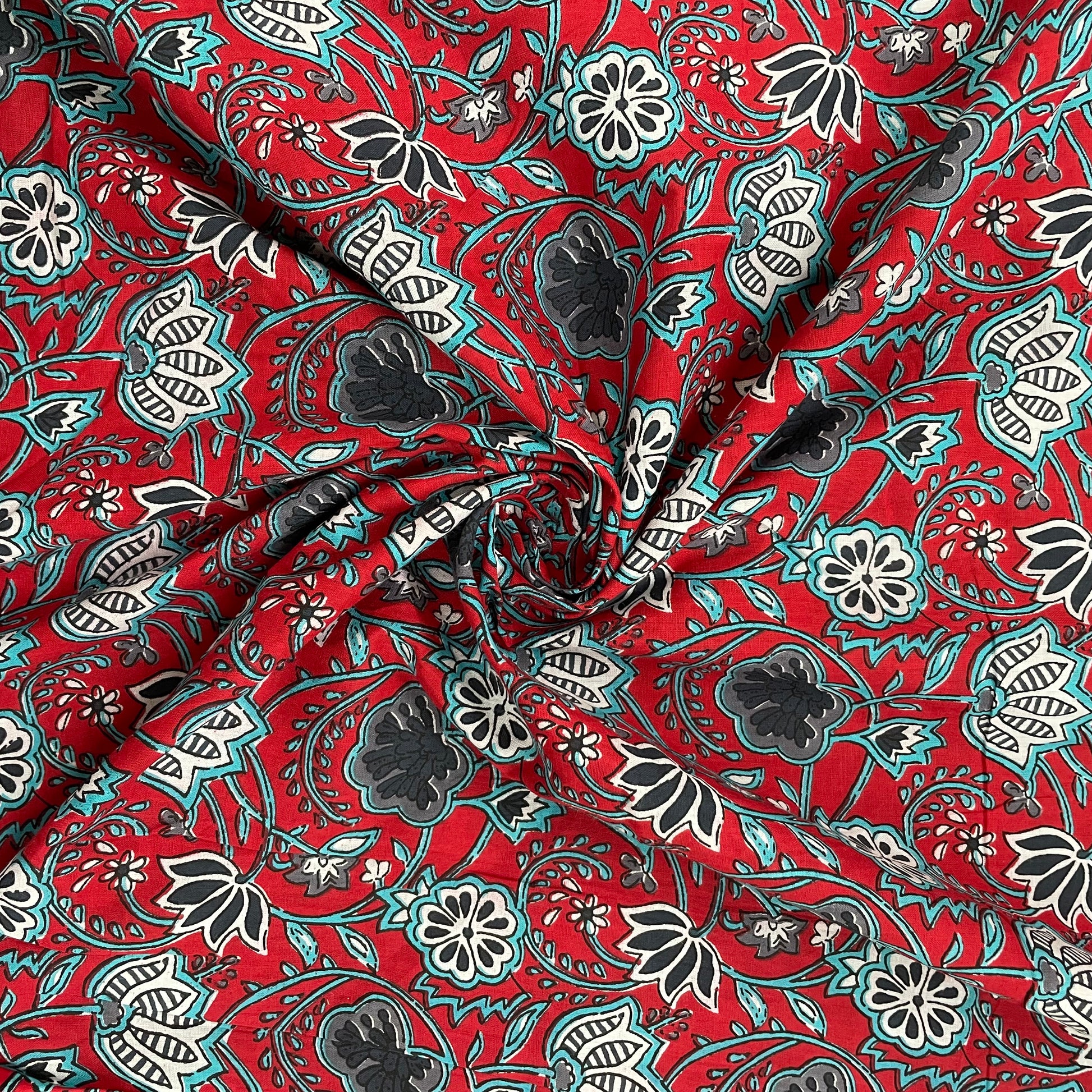 Red With Blue Floral Print Cotton Fabric - TradeUNO