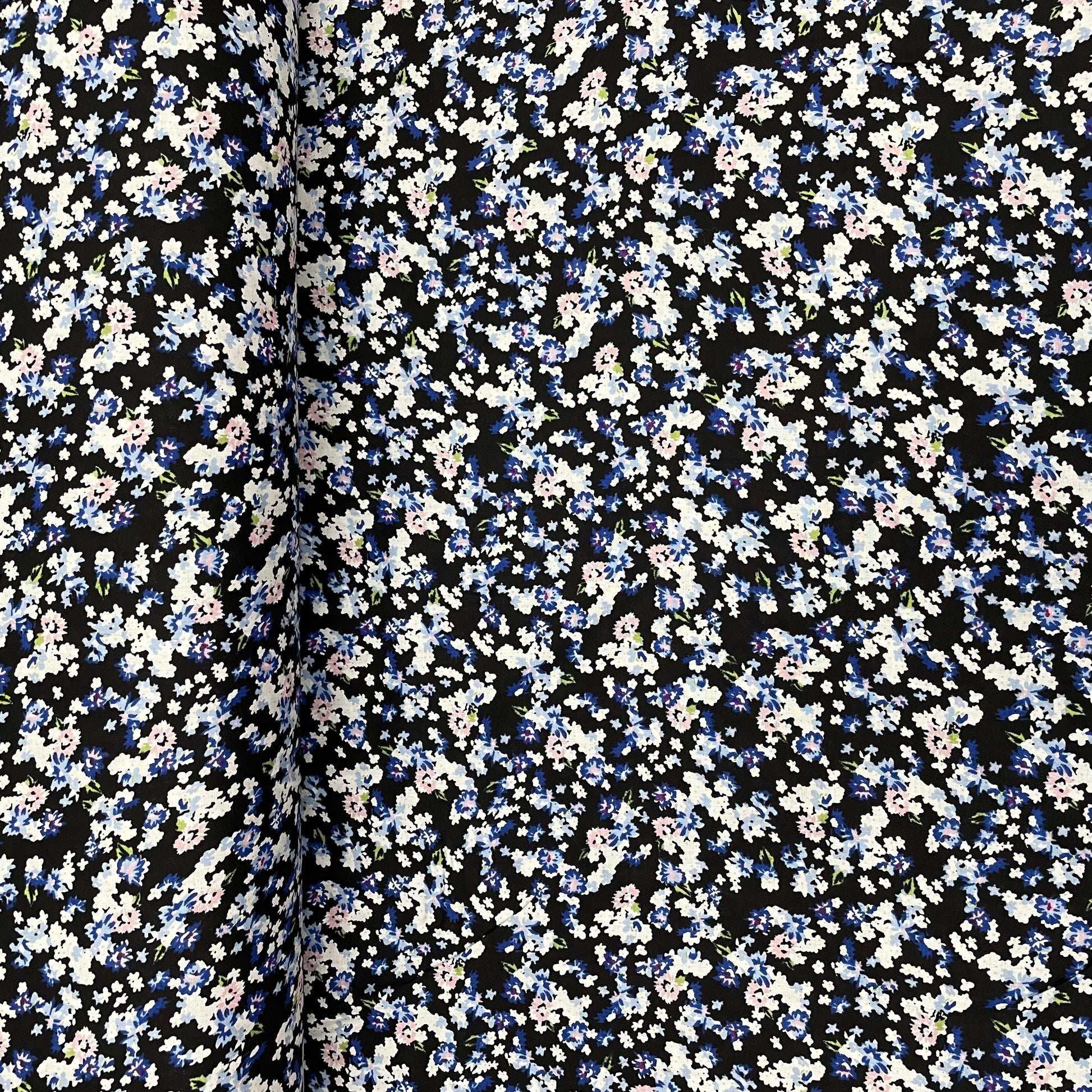 Black With Blue Floral Print Rayon Fabric - TradeUNO