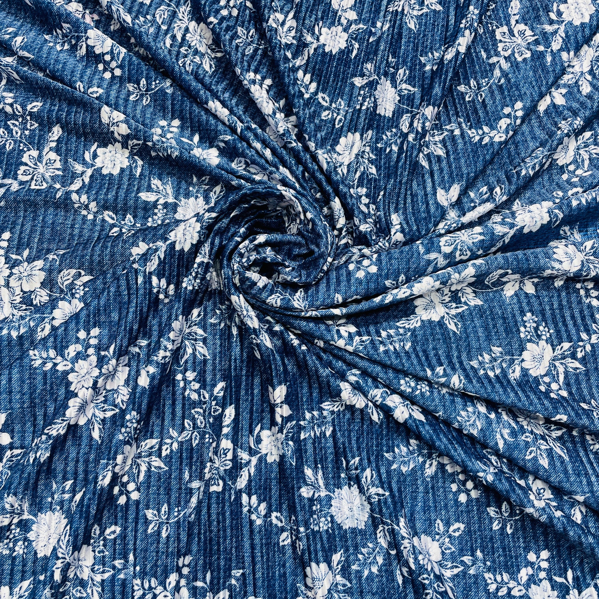 Navy Blue Floral Pleated Knitted Satin Fabric - TradeUNO
