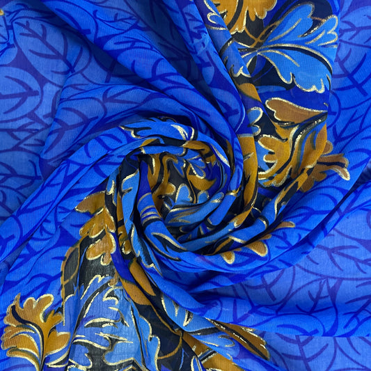 Blue With Yellow Floral Foil Print Georgette Fabric
