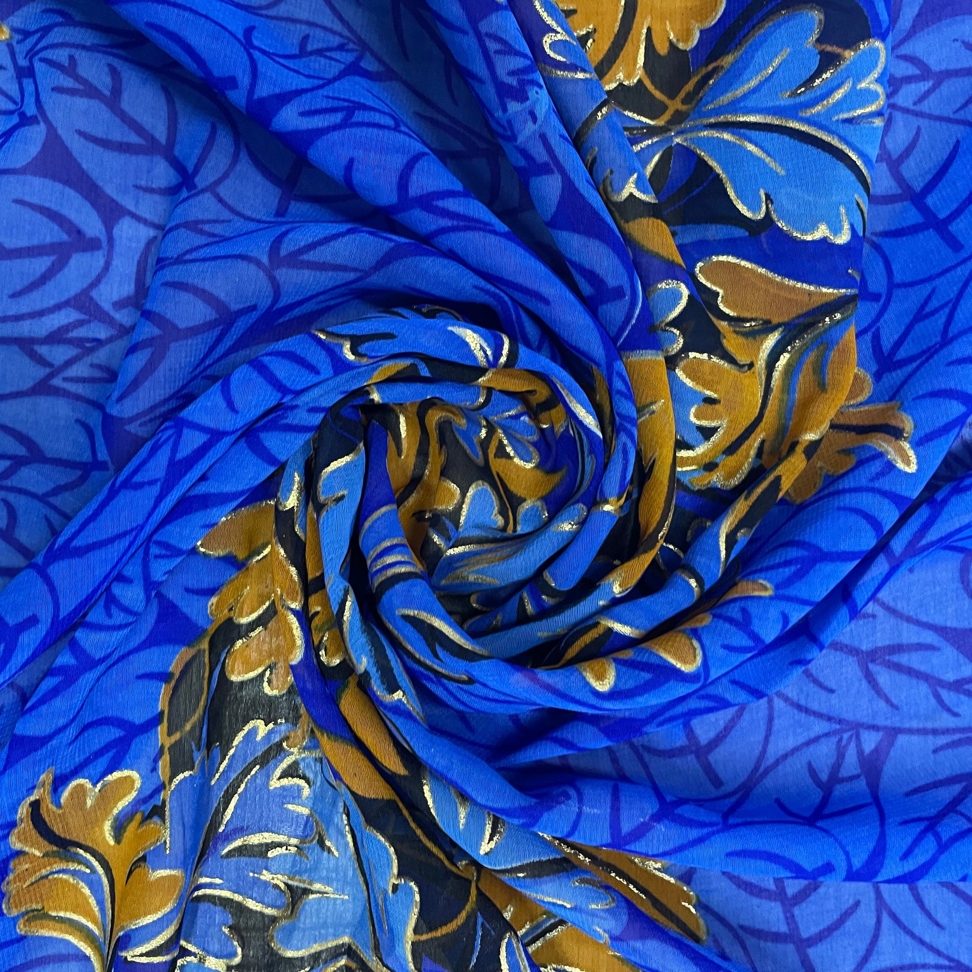 Blue With Yellow Floral Foil Print Georgette Fabric - TradeUNO