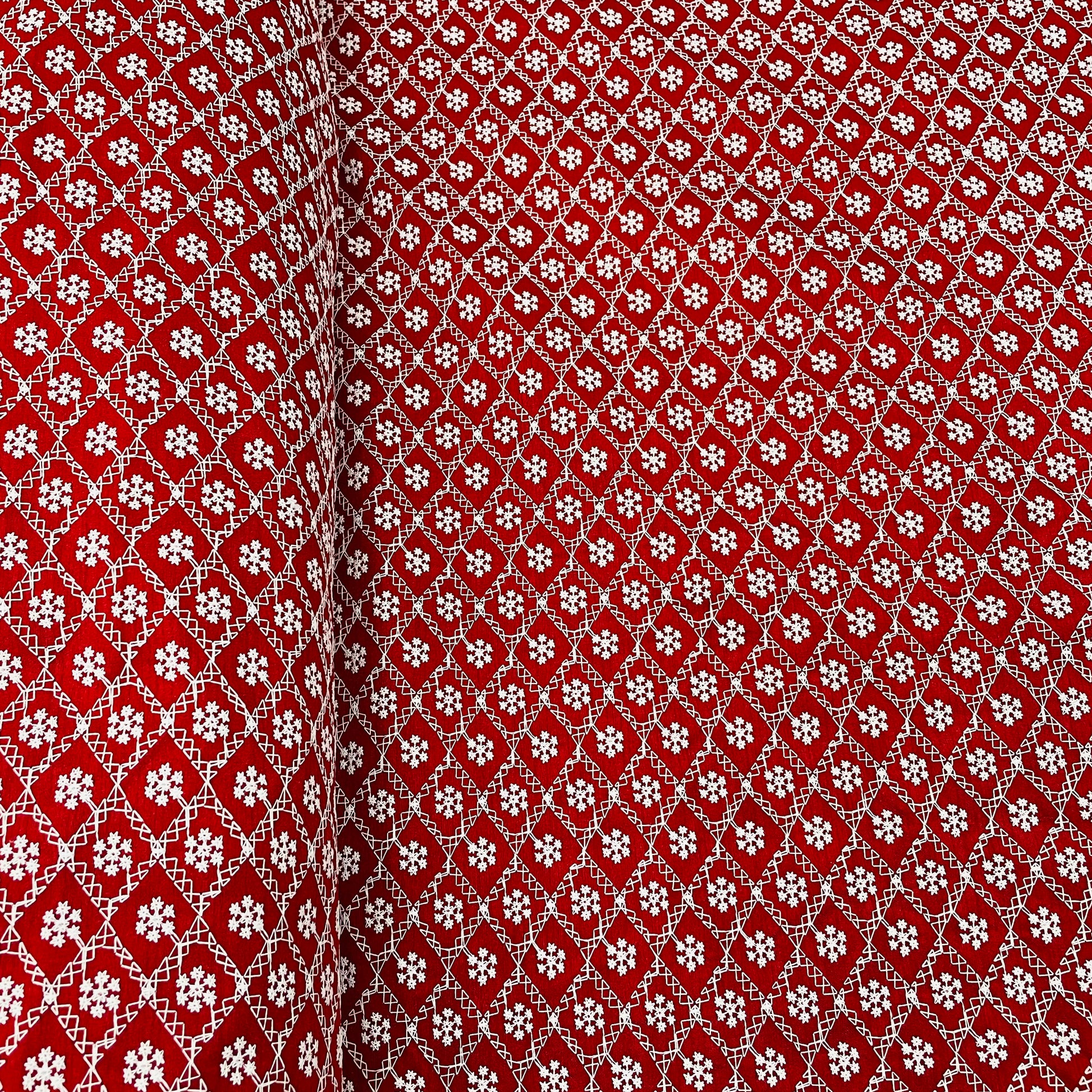 Red Geometrical Embroidery Dupion Silk Fabric - TradeUNO