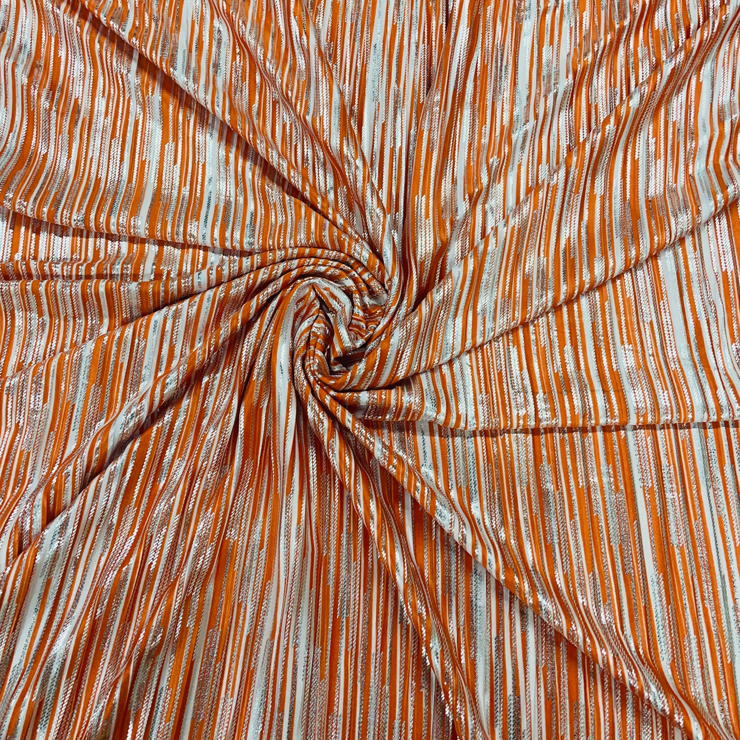 Orange & White Stripes with Foil Knitted Lycra Polyester Fabric - TradeUNO