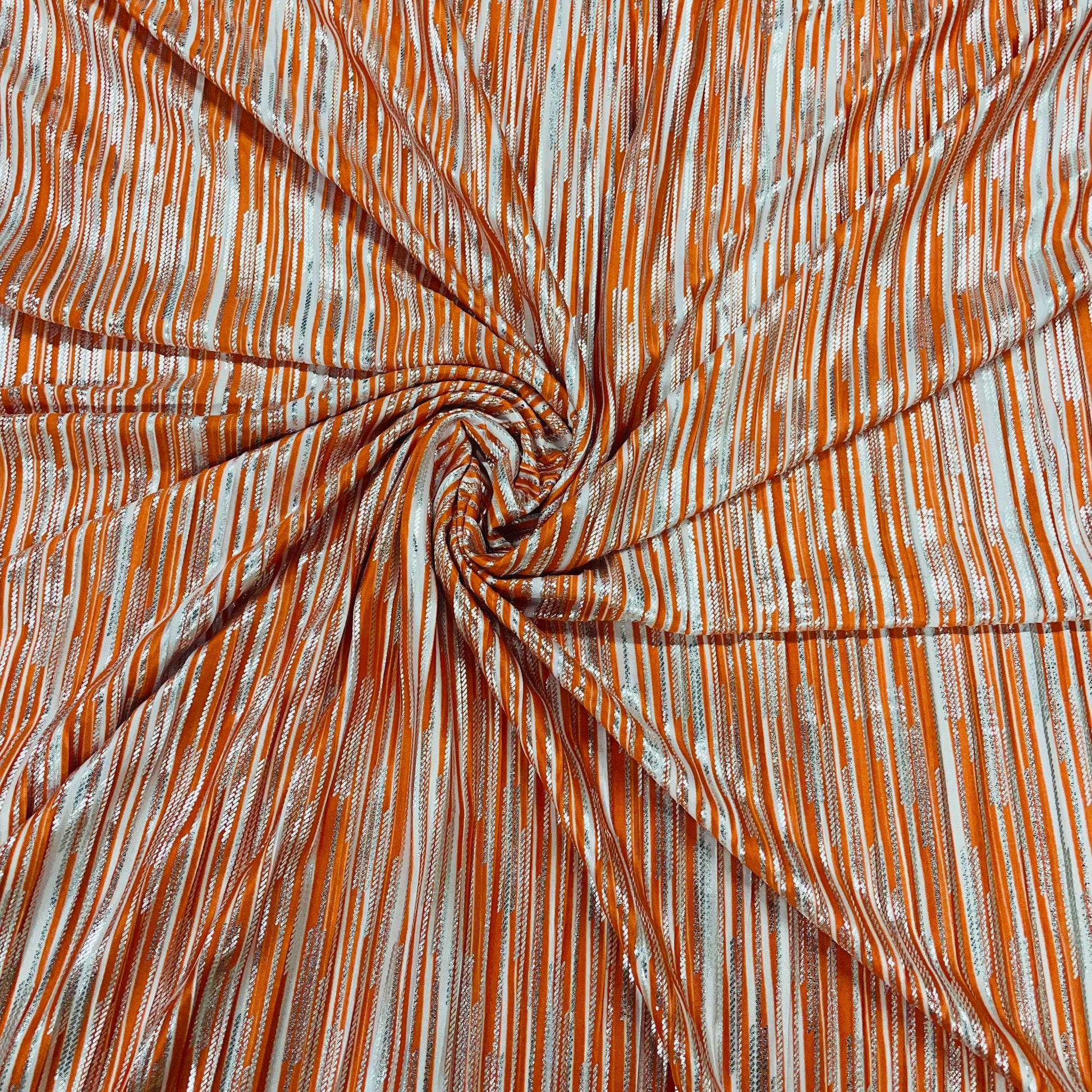 Orange & White Stripes with Foil Knitted Lycra Polyester Fabric - TradeUNO