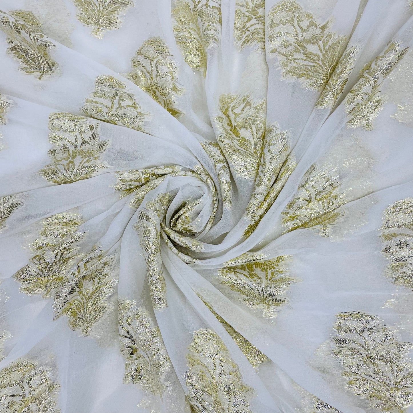 White With Golden Lurex Floral Georgette Jacquard Fabric