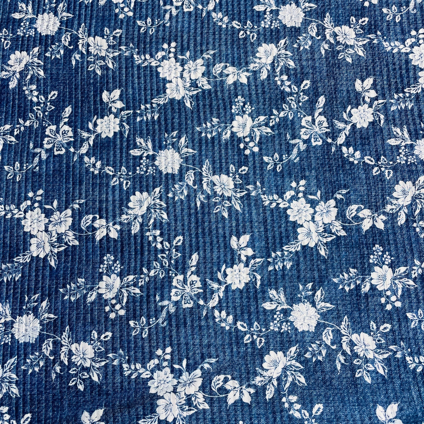 Navy Blue Floral Pleated Knitted Satin Fabric - TradeUNO