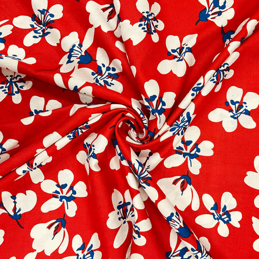Red With White Floral Print Rayon Fabric