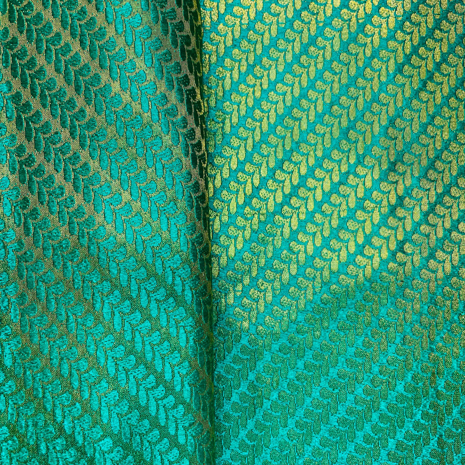 Green With Gold Zari Leaf Print Banarasi Brocade Fabric - TradeUNO