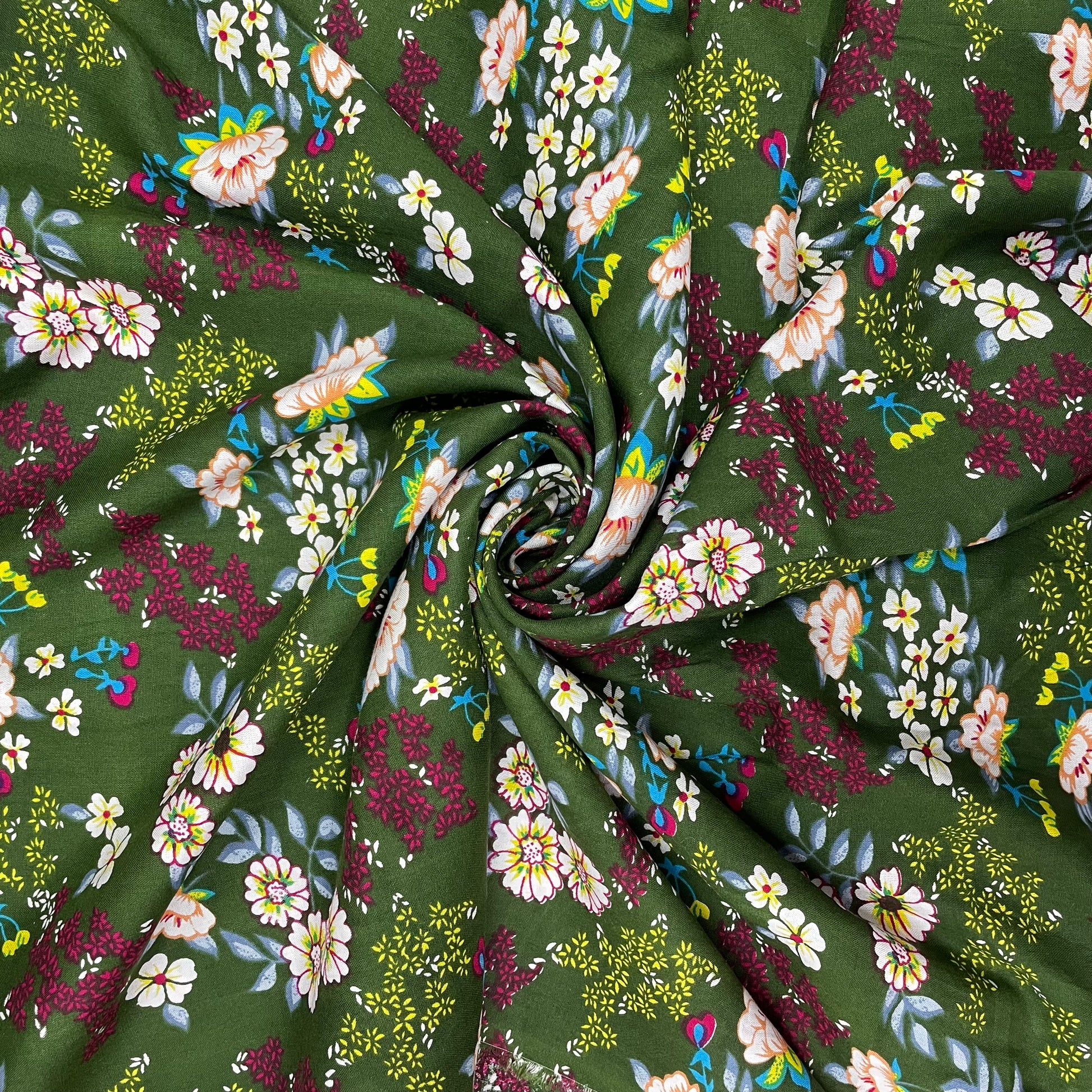 Green With White Floral Print Rayon Fabric - TradeUNO