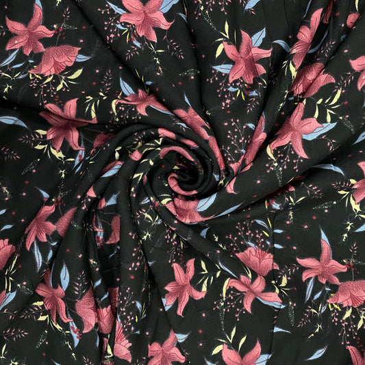 Black With Pink Floral Print Rayon Fabric