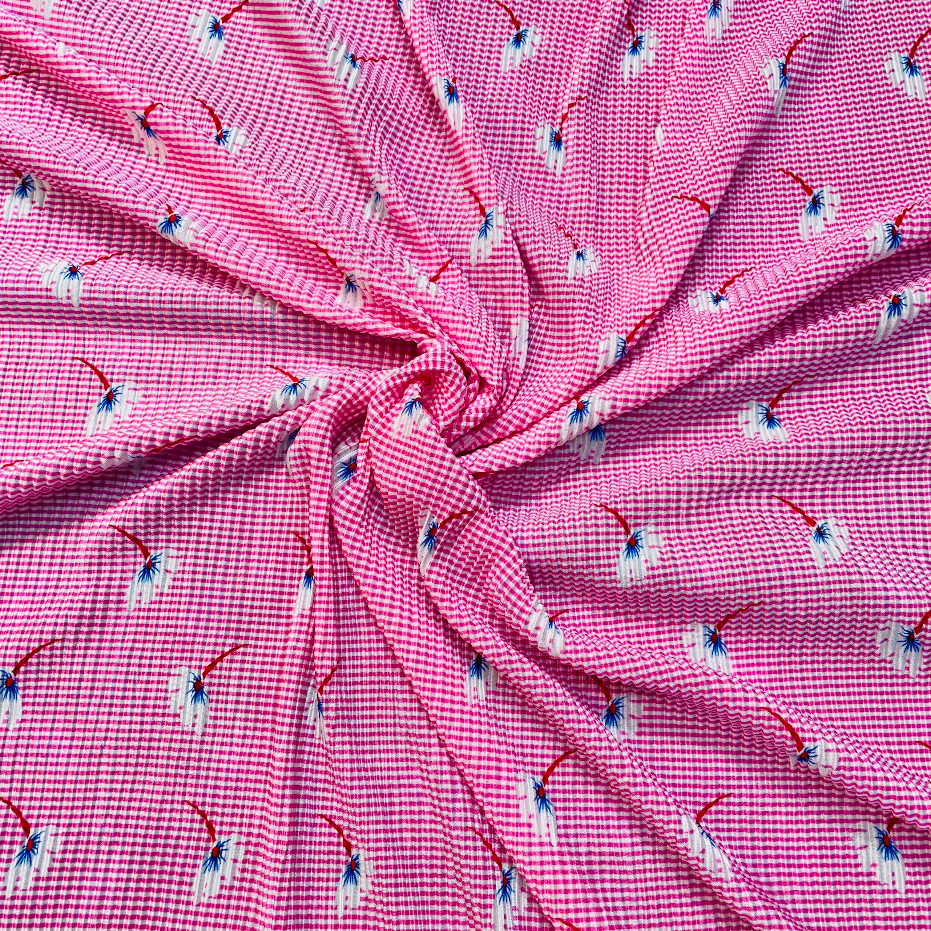 Pink Stripes Floral Pleated Knitted Satin Fabric - TradeUNO