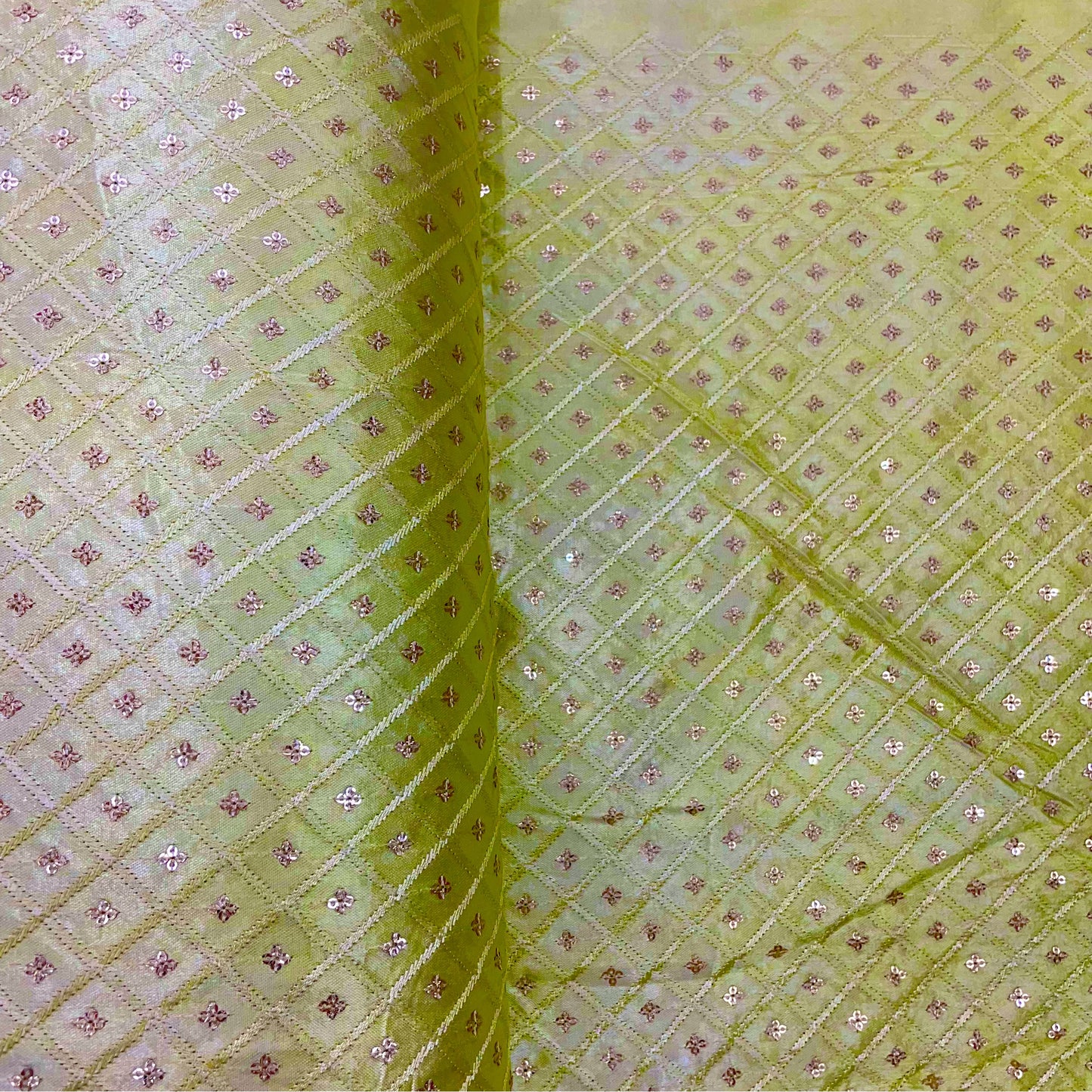 Light Yellow Geometrical Embroidery Sequence Satin Silk Fabric - TradeUNO