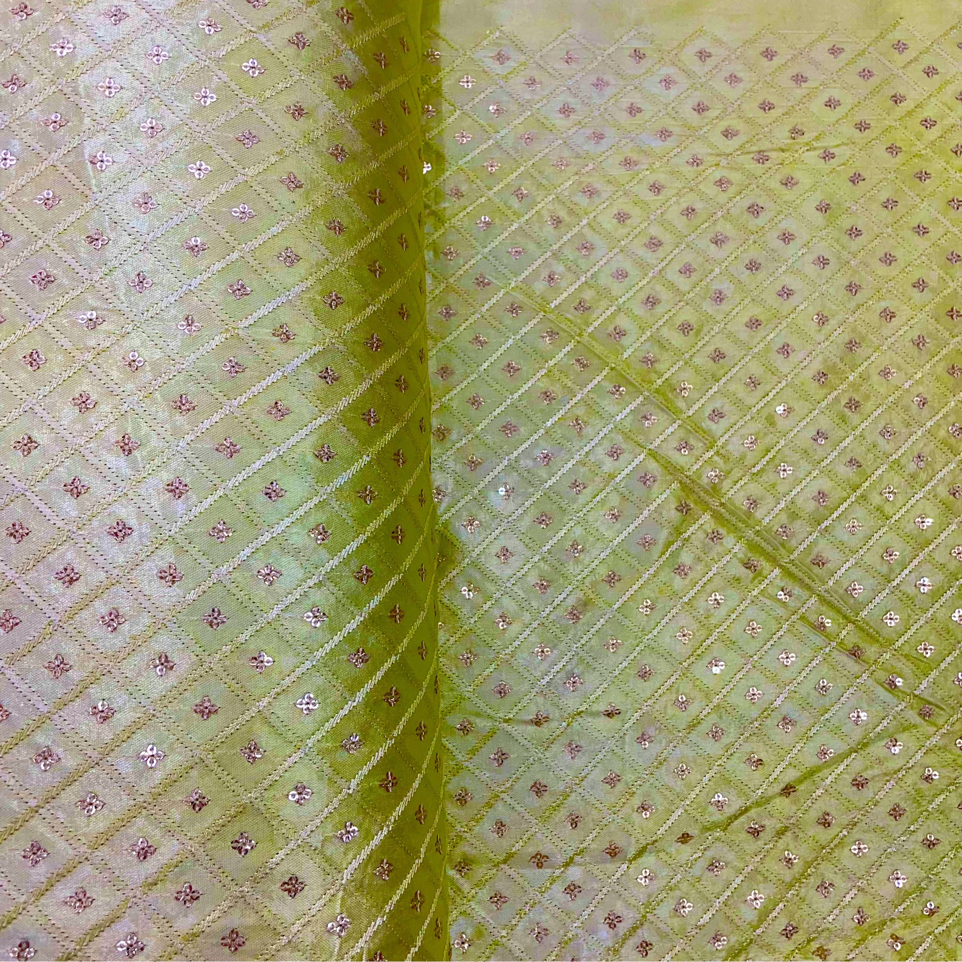 Light Yellow Geometrical Embroidery Sequence Satin Silk Fabric - TradeUNO