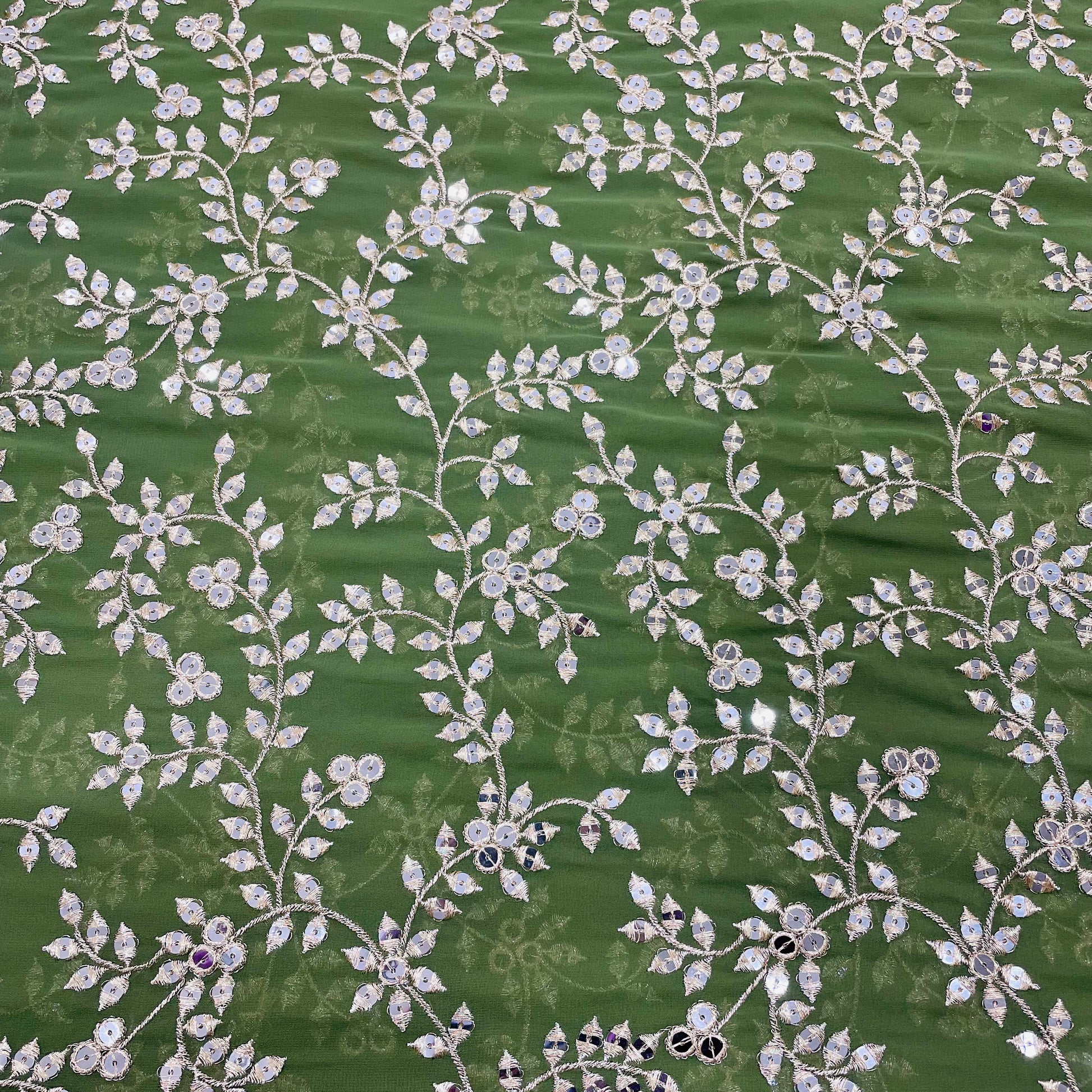 Fern Green Leaf Embroidery Sequence Georgette Fabric - TradeUNO