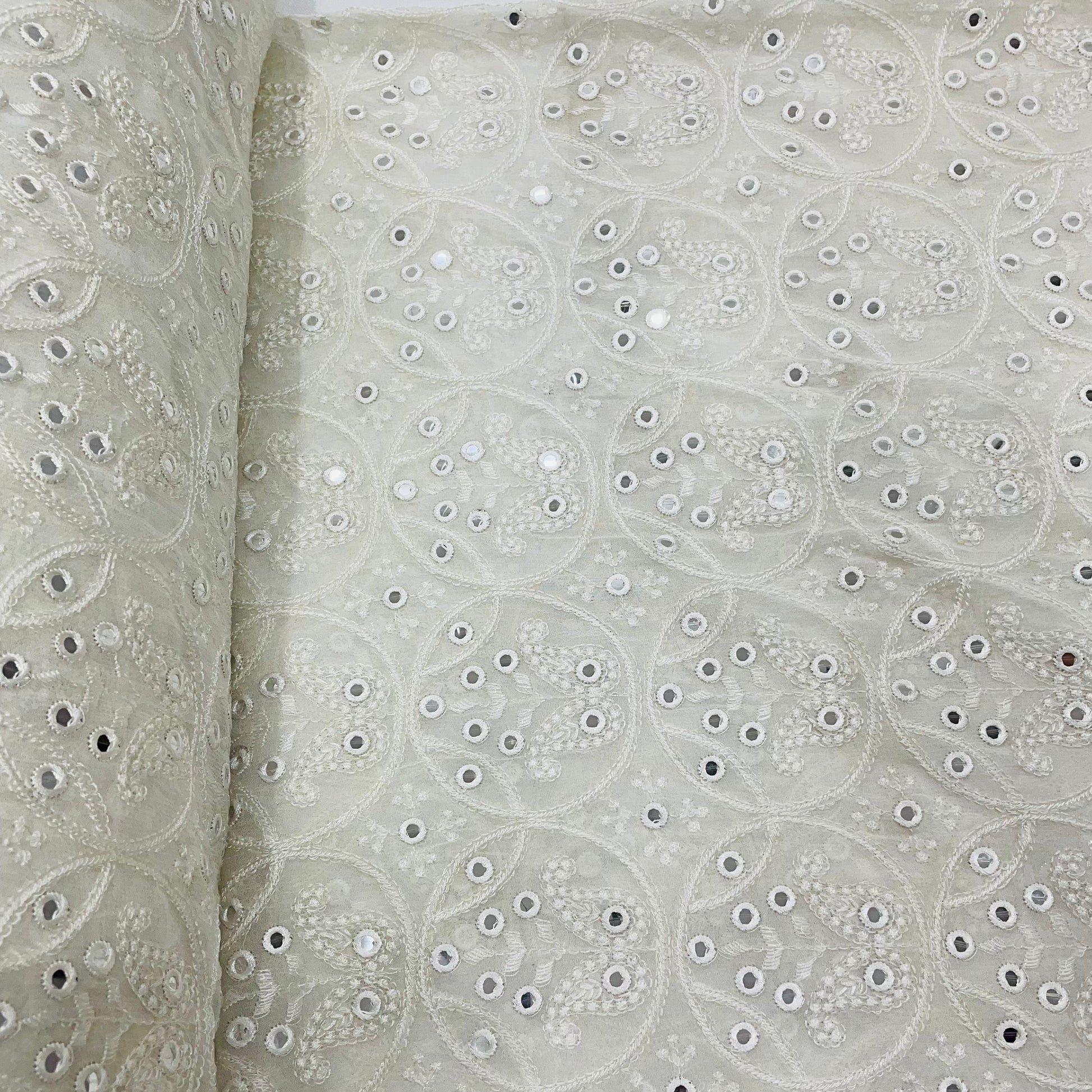 White Paisley Embroidery Sequence Dyeable Georgette Fabric - TradeUNO