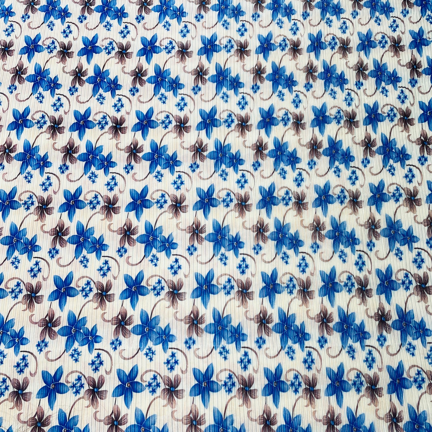 White With Blue Brown Floral Pleated Knitted Satin Fabric - TradeUNO
