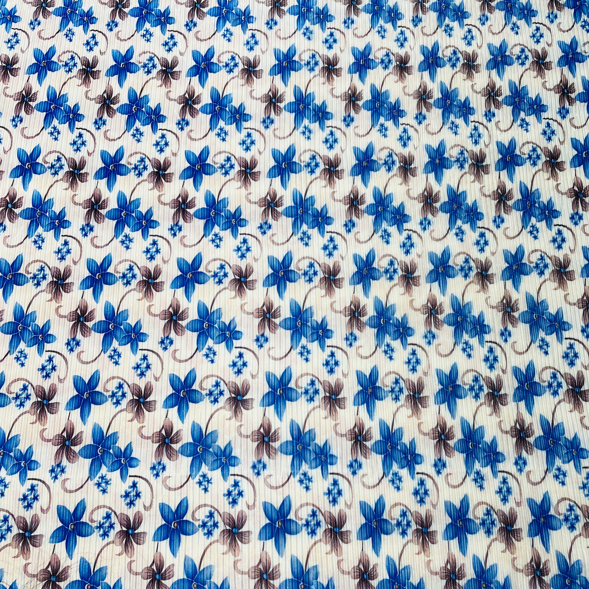 White With Blue Brown Floral Pleated Knitted Satin Fabric - TradeUNO