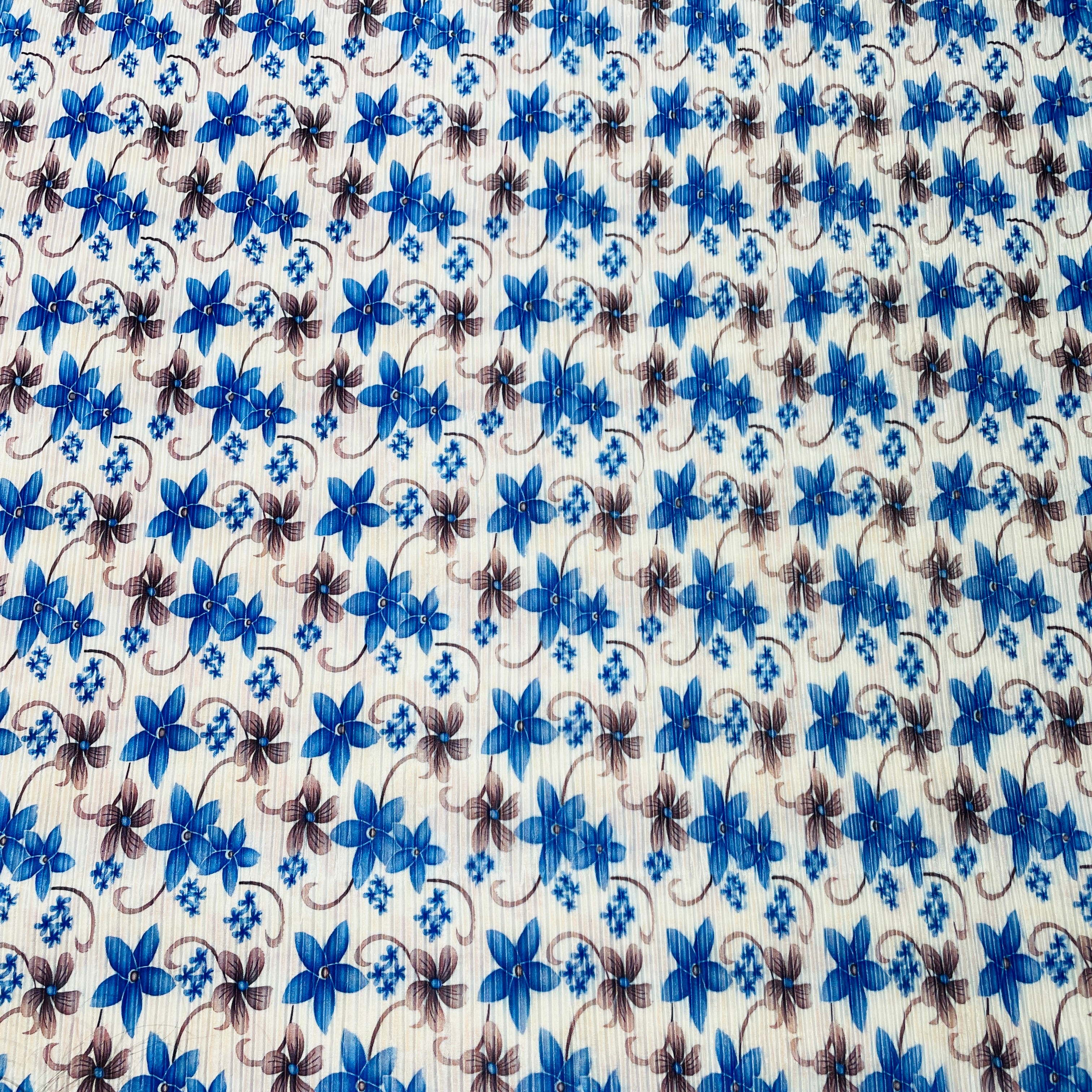 White With Blue Brown Floral Pleated Knitted Satin Fabric - TradeUNO