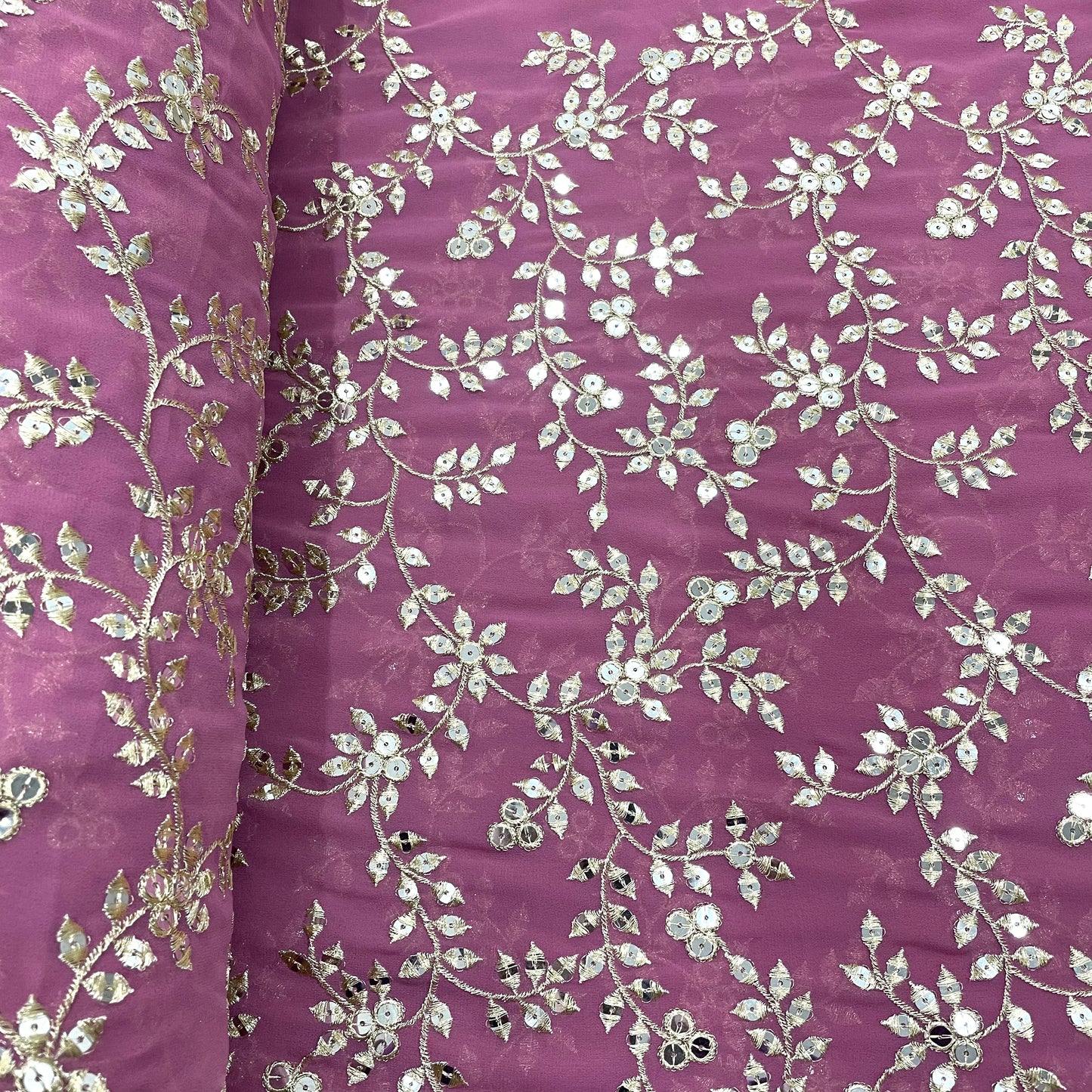 Bubblegum Pink Leaf Embroidery Sequence Georgette Fabric - TradeUNO