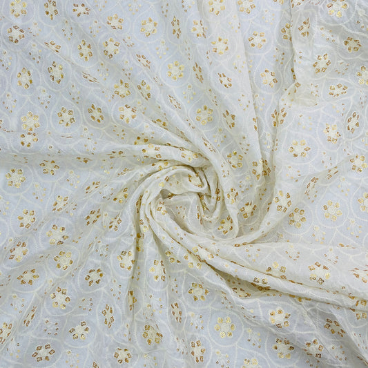White with golden Floral Embroidery With Sequence Dyeable Upada Silk Fabric
