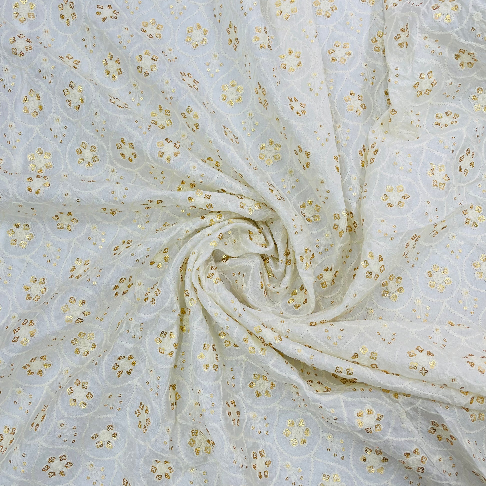 White With Golden Floral Embroidery With Sequence Dyeable Upada Silk Fabric - TradeUNO