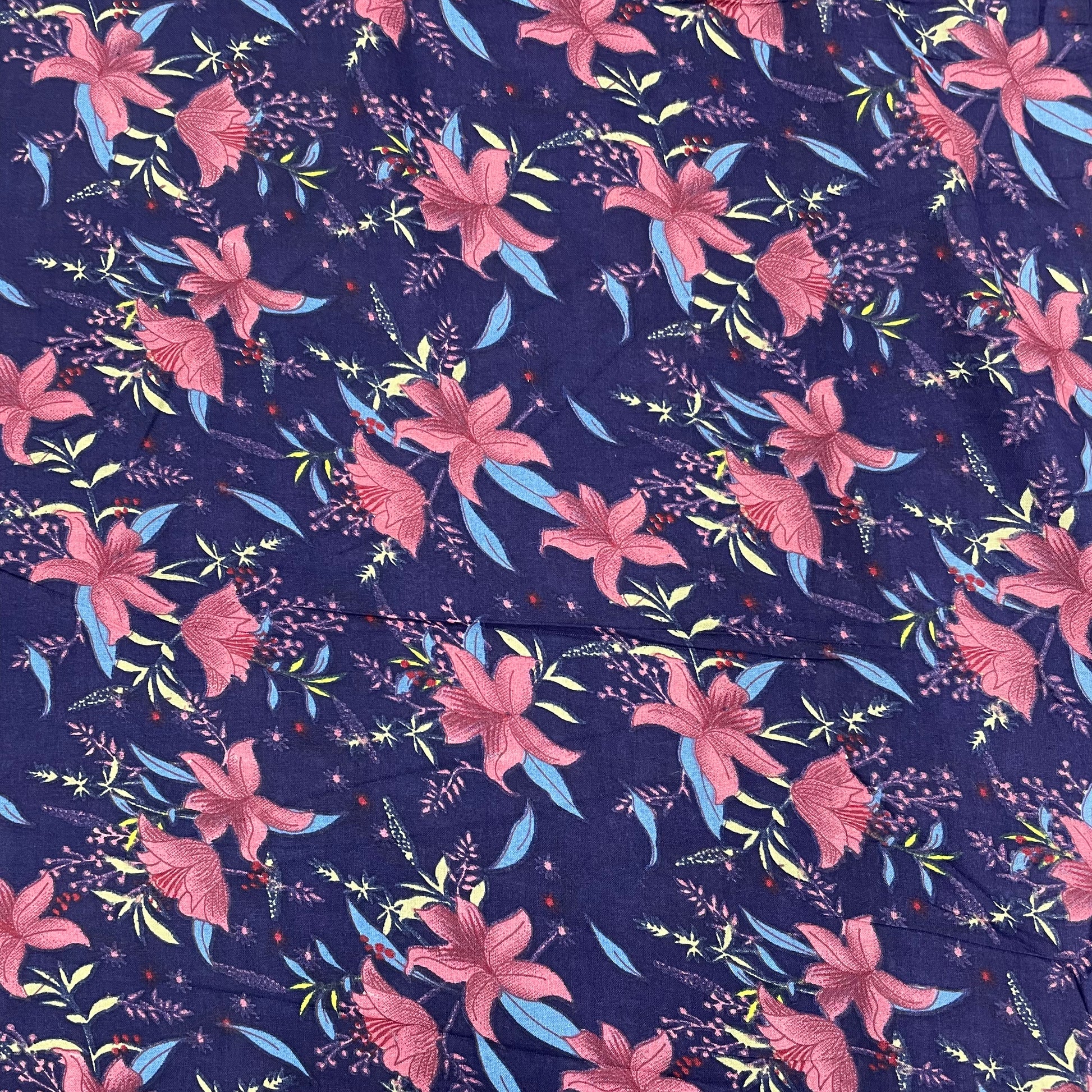 Dark Blue With Pink Floral Print Rayon Fabric - TradeUNO