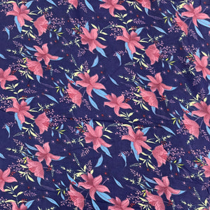 Dark Blue With Pink Floral Print Rayon Fabric - TradeUNO