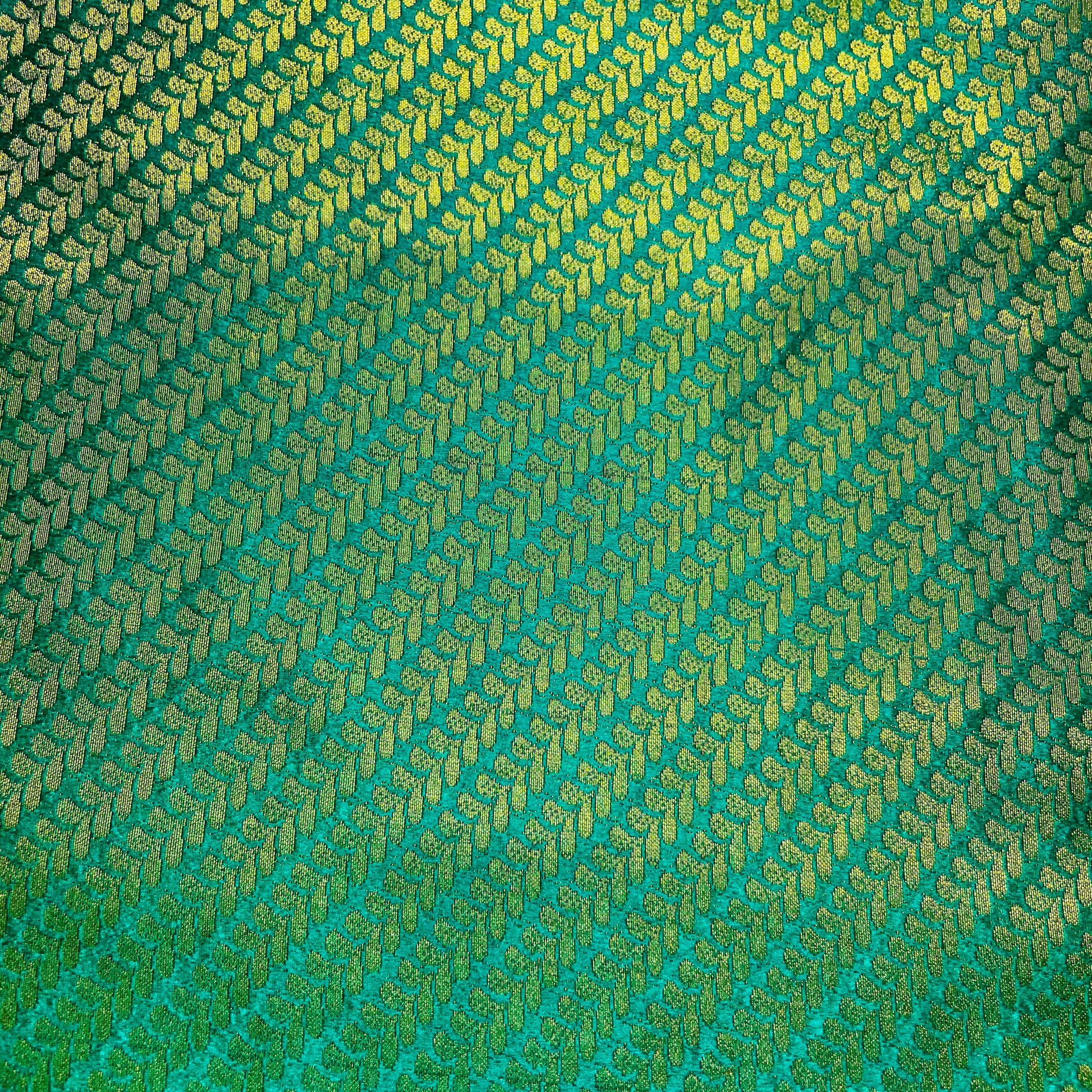 Green With Gold Zari Leaf Print Banarasi Brocade Fabric - TradeUNO