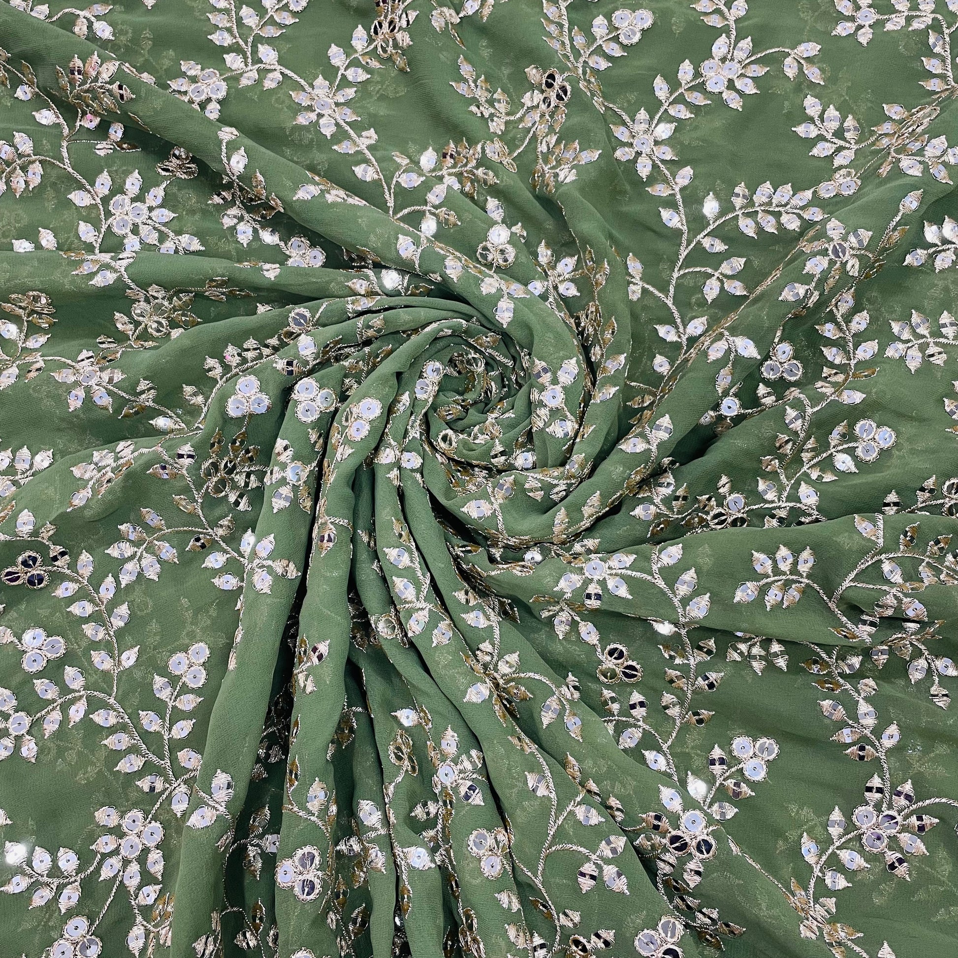 Fern Green Leaf Embroidery Sequence Georgette Fabric - TradeUNO