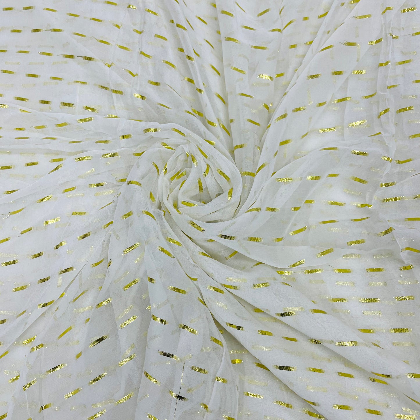 White with Golden Lurex Stripes Georgette Jacquard Dyeable Fabric