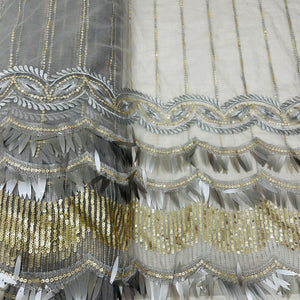 Grey with Golden Stripes Sequence Embroidery Net Lycra Fabric - TradeUNO